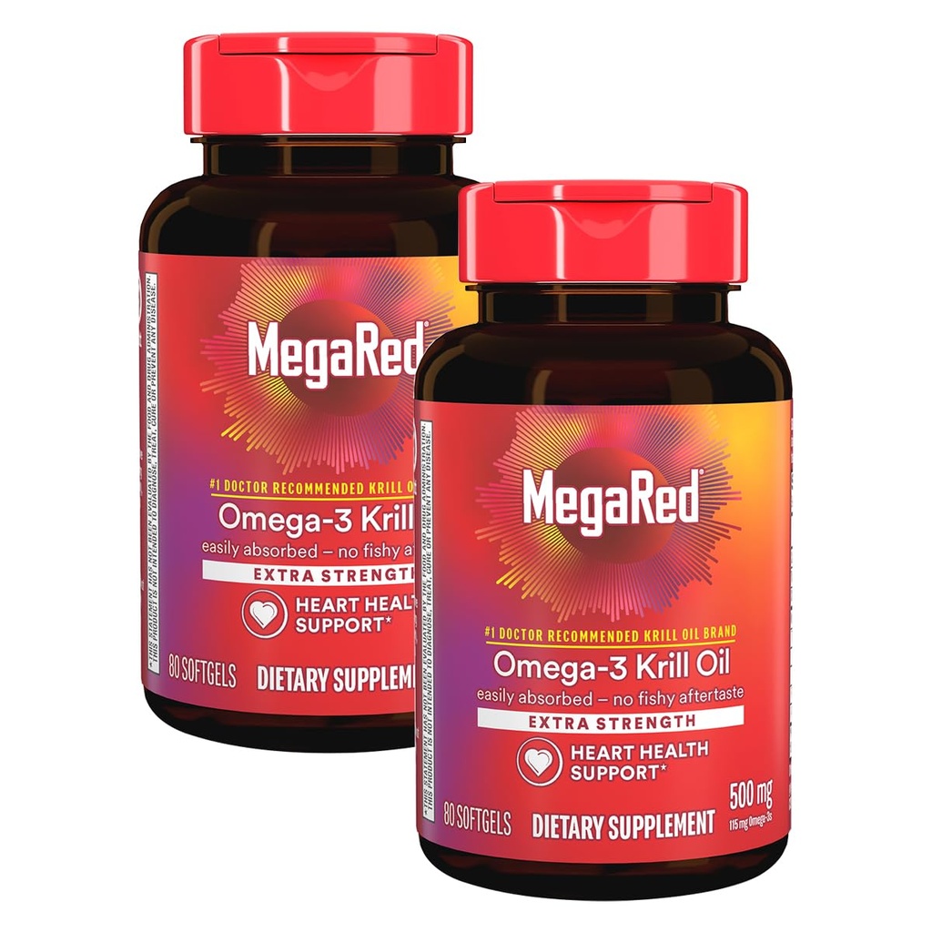 MegaRed Extra Siła 500mg Omega-3 Kryll Suplement oleju z EPA / DHA, No Fishy Aftersmast Supports Heart Health, 80 Hrabia Softgels (2 Pack)
