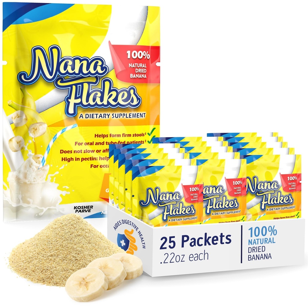 Nana Flakes 100% Pure Banana Flakes Medical Food Powder - Zmniejszenie spożycia tłuszczu & Natural Remedy do Biegunki i Poparzenia Serca - Wielkie źródło białka i włókno (25 opakowań jednorazowych)