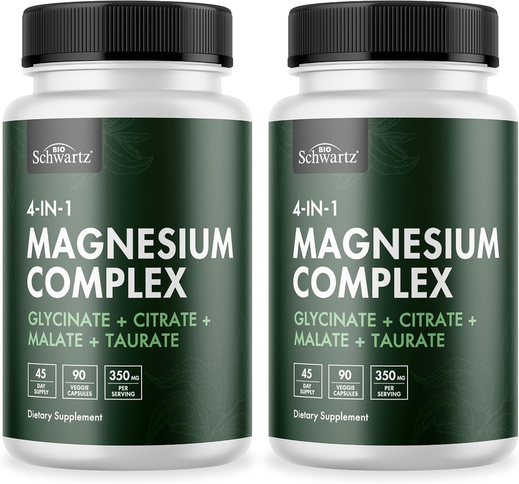 BioSchwartz Magnezu Complex Supplement (2 Pack) 350mg Magnezu glicynian cytrat jabłczan i taurat na serwowanie zdrowym nerwom mięśni Wspomaganie snu (Wegan, Gluten- Free, Non-GMO)