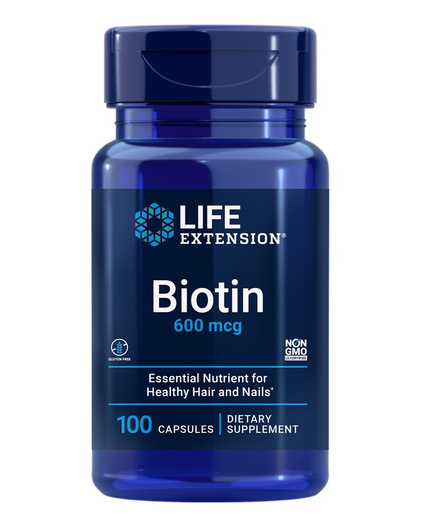 Life Extension Biotin 600 mcg Witamina B7 Suplement wsparcia dla pięknych włosów, paznokci i poza - Bez glutenu, Non-GMO - 100 Kapsułki