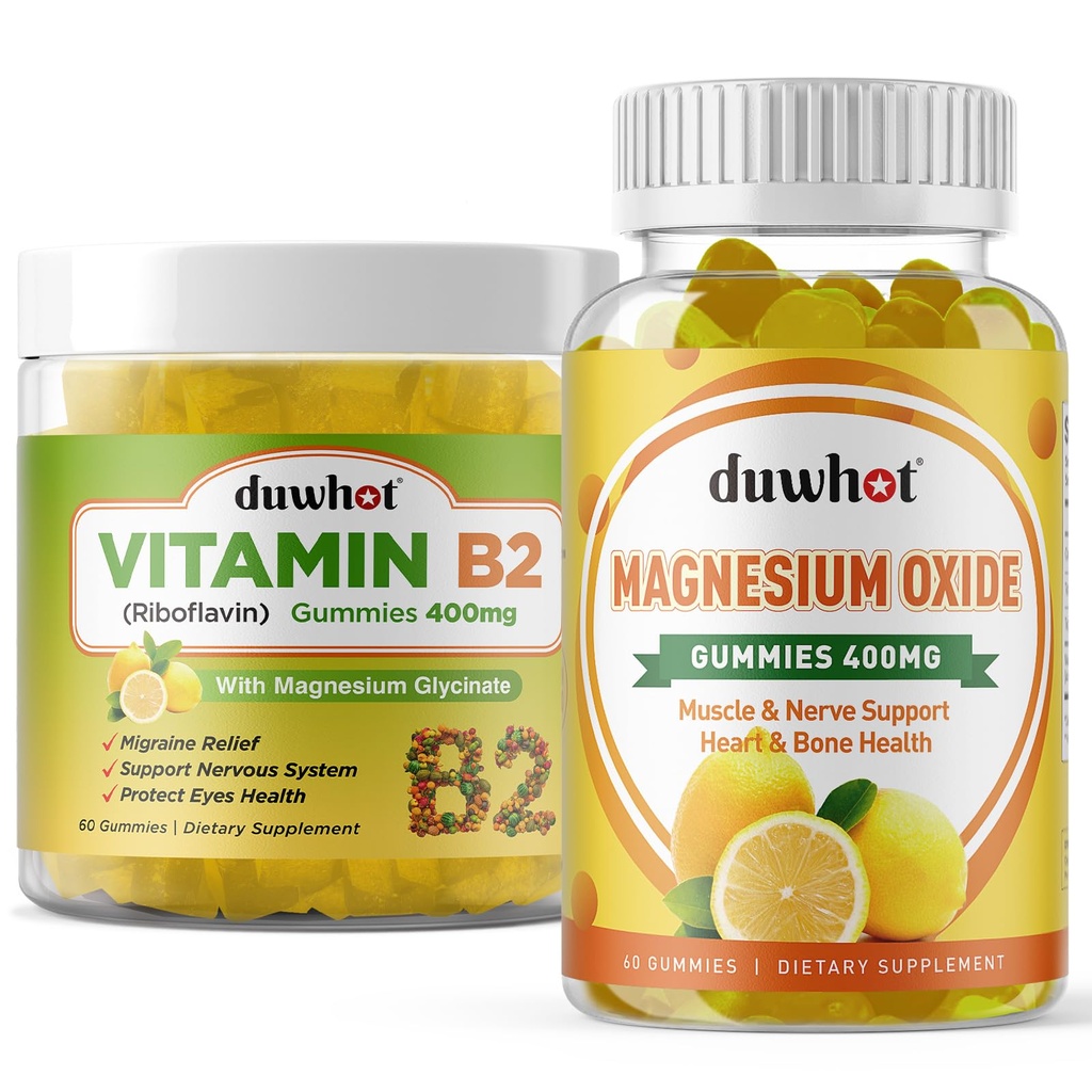 Migrena Relief - Witamina B2 Gummies (Riboflavin) 400mg & Magnezu tlenek Gummies 400mg, Ból głowy Relief & Wsparcie układu nerwowego