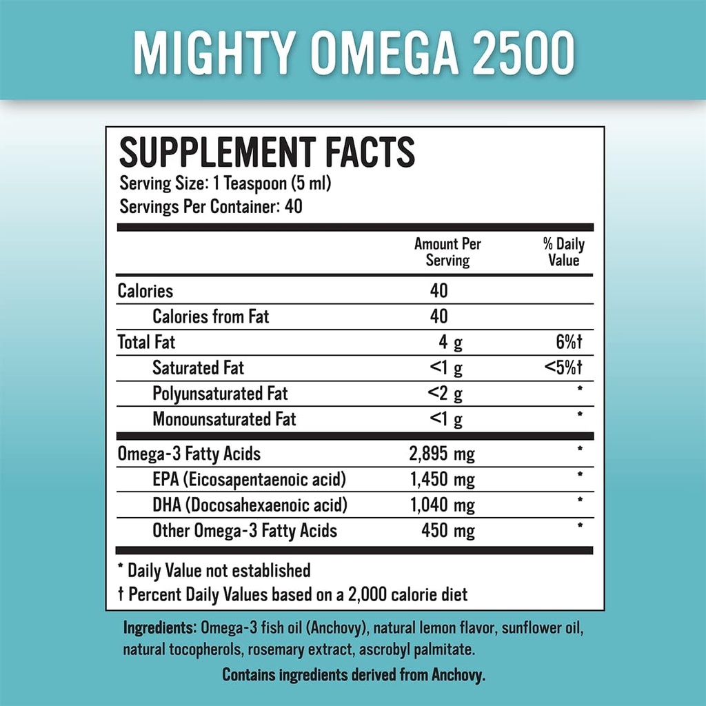 Potężny Omega 2500 Potcent Omega 3 Supplement - 2500 MG EPA DHA Per Teaspoon - Wysoka dawka Omega 's 3 Fish Oil - South Pacific Anchovy Sourced - Trigliceryd Omegas 3 Suplement kwasów tłuszczowych