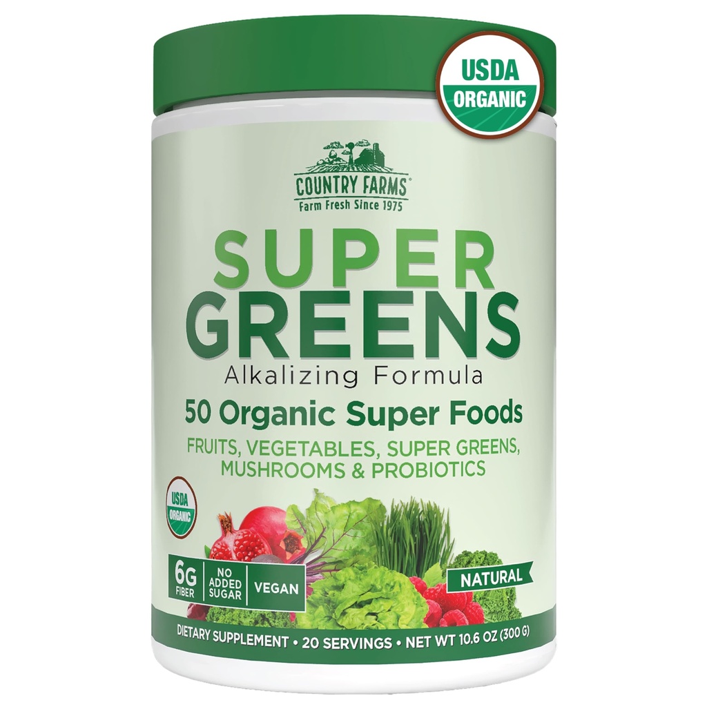 Kraj Farmy Organiczne Super Zielony Naturalny Flavor, 50 Organic Super Foods, Pakowane z włóknem, USDA Organic Drink Mix, Owoce, Warzywa, Grzyby i Probiotyki, Wsparcie energii, 6g Fiber