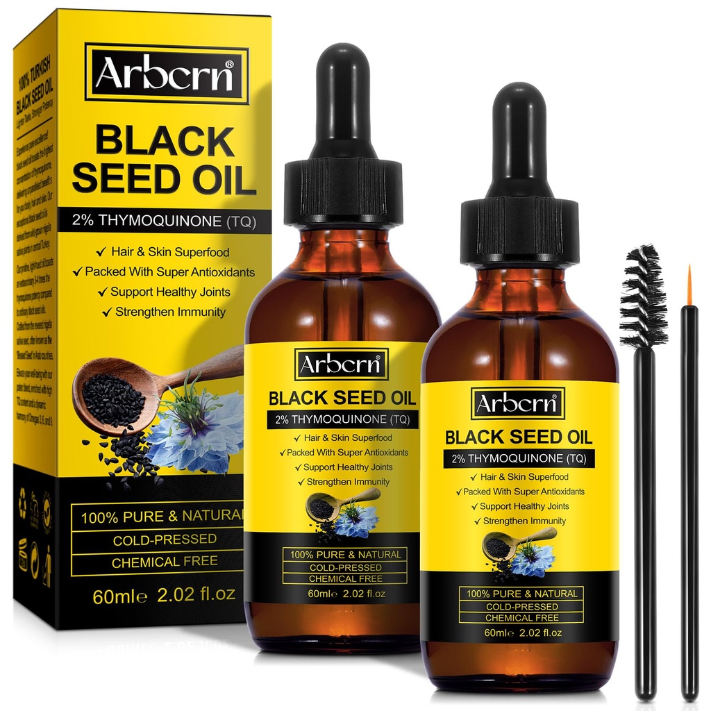 2 Pack Black Seed Oil Organic Cold Pressed, 100% Czysty i naturalny Ciecz Black Seed Oil Cold Pressed Butelka szklana 60ML do pielęgnacji skóry, Naczynia i Włosy