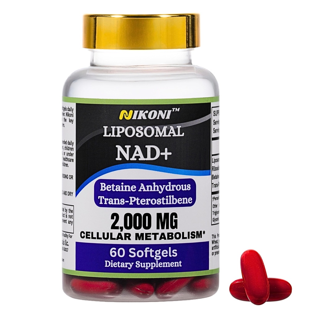 Nikoni Liposomal NAD + 2000 mg z TMG i Pterostilbene, Wspomaga zdrowe Aging- 60 Softgels