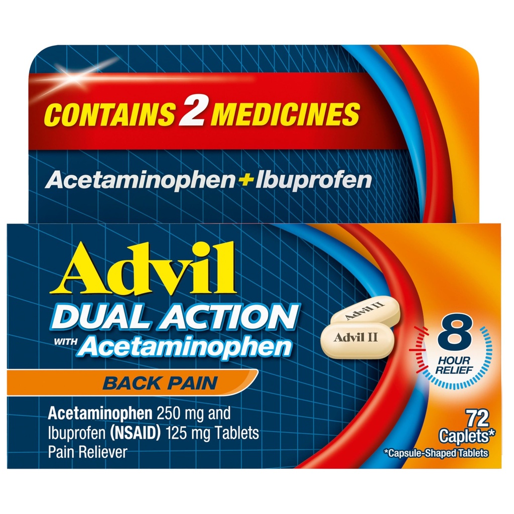 Advil Dual Action Back Pain Cappets Dostarcza 250 mg ibuprofenu i 500 mg acetaminofenu na dawkę 8 godzin bólu pleców - 72 Liczba