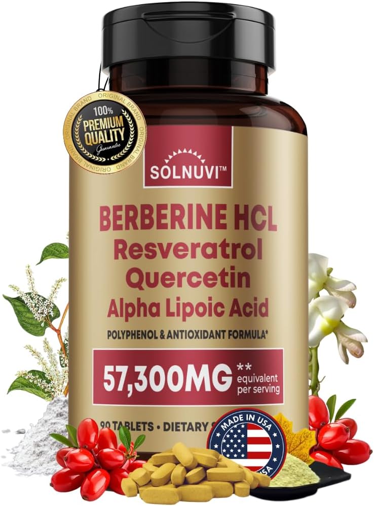 Premium Berberine Suplement z Resveratrol Quercetin alfa Kwas lipoinowy - 50: 1 Berberine HCl Complex Pottent Antioksydants, Polifenole, Vitality Boost - 90 Vegan Tablets, Non-GMO, Gluten- Free