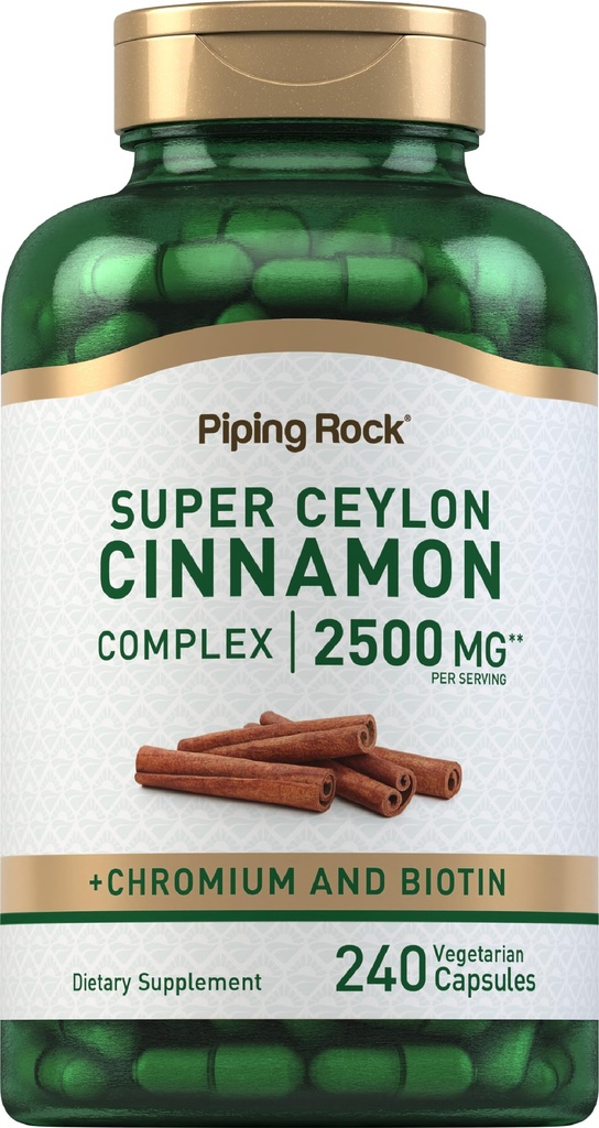 Piping Rock Super Ceylon Cynamon Complex Kapsułki 124; 240 tabletek proszku 124; Suplement ekstrakcji z chromem i biotyną 124; Wegetarianin, Non-GMO, Gluten Free
