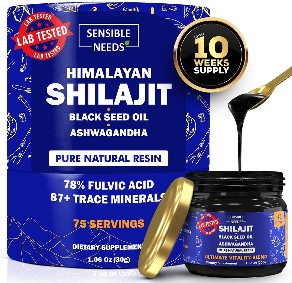 Pure Himalayan Shilajit Organic Resin Supplement, Shilajit dla mężczyzn i kobiet z Black Seed Oil & Ashwagandha, Energia, Immunitet, 78% Kwas Fulvic, 87 + Ślady minerałów, 400 mg