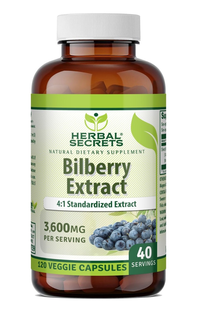 Herbal Secrets Bilberry Extract 300 Mg Permanent 124; 4: 1 Extract (3600 mg Equivalent) Permanent 124; Veggie Capsules Permanent 124; Non-GMO Permanent 124; Gluten- Free Permanent 124; Made in USA (120 Count)