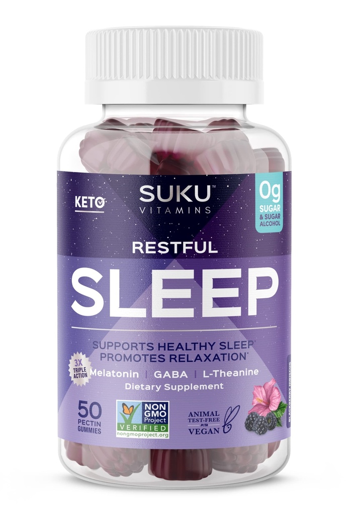 SUKU Restful Sleep Gummies - 3 mg Melatonina, L- Theanine & GABA - Wegan, Sugarfree Chewable for Relaxation & Natural Sleep Support - BlackBerry- Hibiscus Flavor - Non-GMO, Gluten- Free - 50 Count