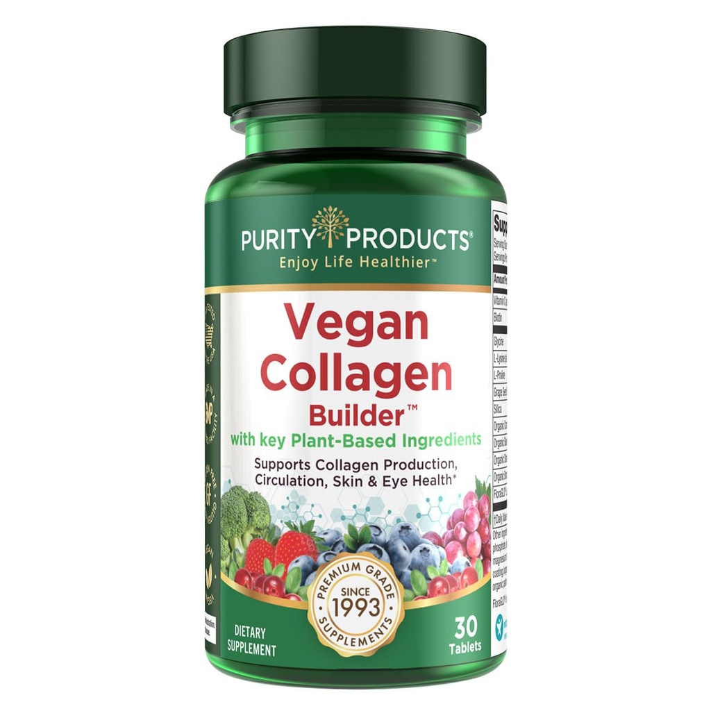 Vegan Collagen Builder - Organic Whole Foods Fruits + Veg, Silica, Luteina, Witamina C, Biotin, Nasiona winorośli - Amino Acids Glycine, Lysin + Proline Colagen Boosters (30 Servings, Tablets)