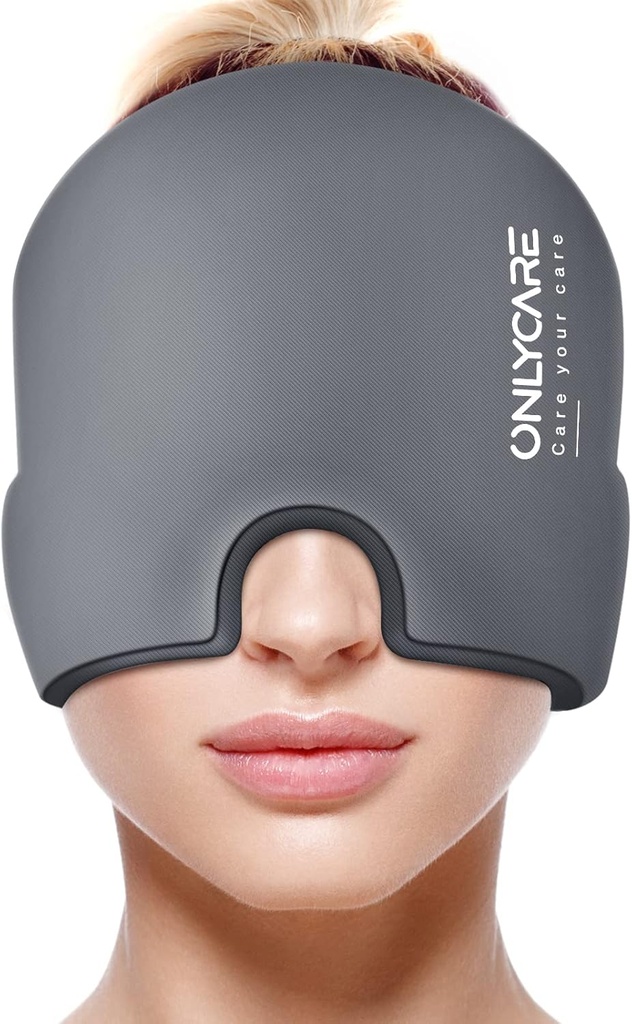 ONLYCARE Migrena Relief Cap, Soothing Migrena Mask, Ulepszony bez odór żel Ice Head Wrap, Hot and Cold Therapy, FSA lub HSA Kwalifikujący się Pack na ból głowy do napięcia i stresu (Grey)