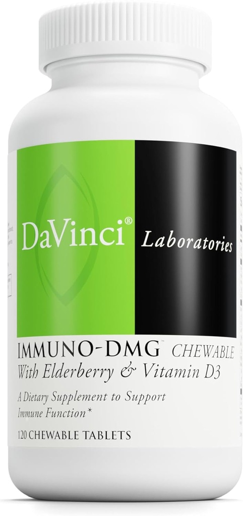 DAVINCI Labs Immuni- DMG Chewable z Elderberry i witaminy D3 - Suplement diety do wsparcia komórek i zdrowia immunologicznego * - z witaminy C, D3, E, Black Elderberry, DMG i więcej - 120 Tabletki do żucia