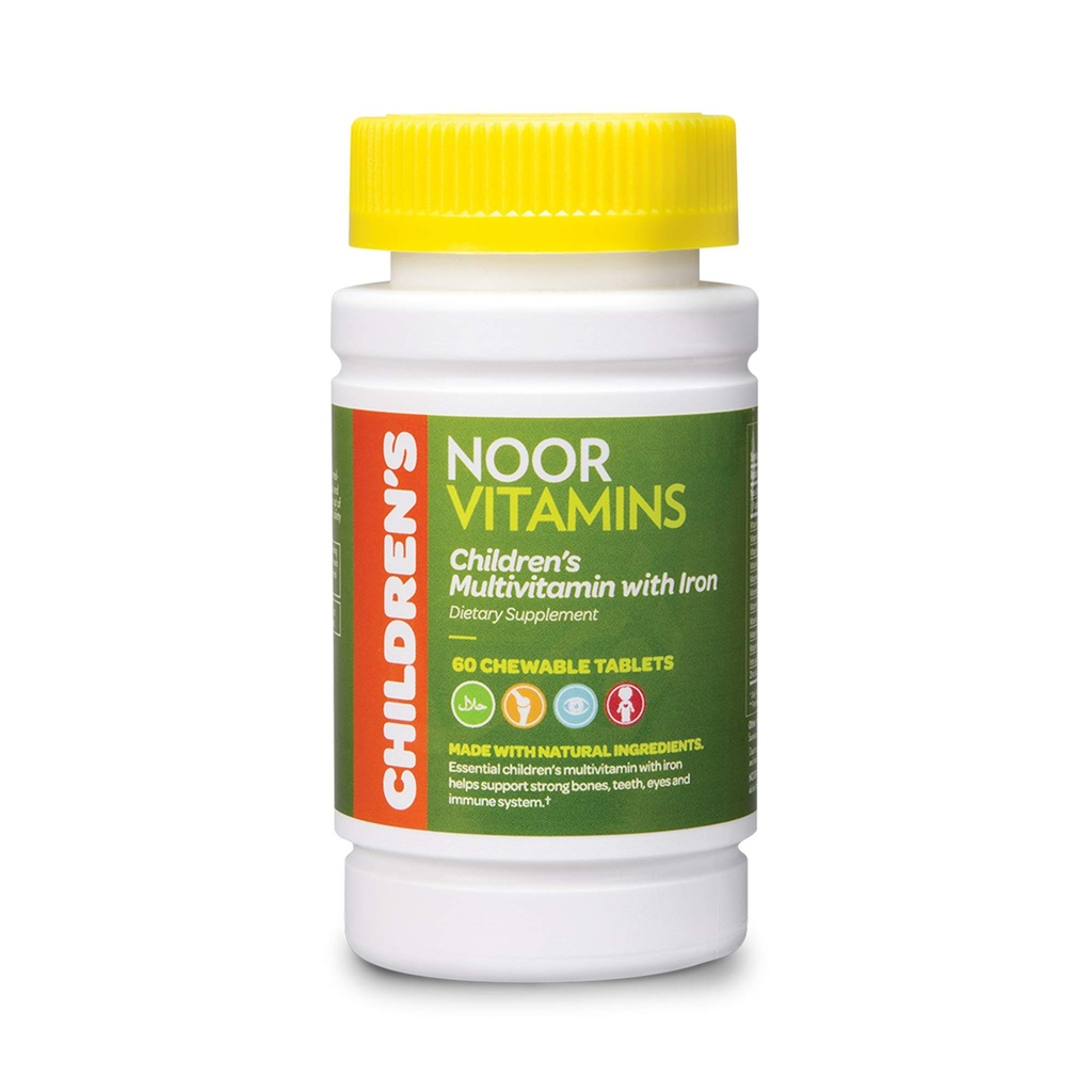Noor Vitamins Halal Kids Multivitamin Chewable: Witaminy niezbędne do immunologicznego, Bone & Eye Health z żelazem - Nie GMO & Gluten Free - Halal Vitamins 60 Count (2 Dostawa miesiąc)