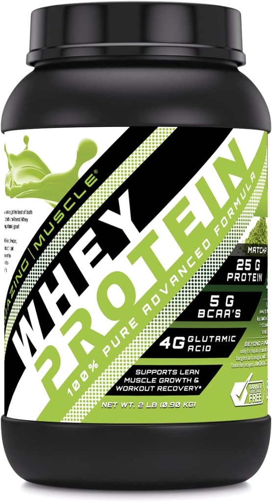 Amazing Muscle 100% Whey Protein Powder *Advanced Formula with Whey Protein Isolate as a Primary Ingredient Along with Ultra Filtered Whey Protein Concentrate (Japanese Matcha, 2 Lb)