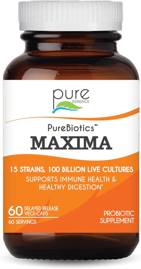 PURE ESENCE LABS Maxima Probiotics 100 Miliard CFU - Suplement Probiotyczny mężczyzn i kobiet dla lepszej diety - 15 Szczepów dla immunologicznego wsparcia i zdrowia (60 kapsułek)