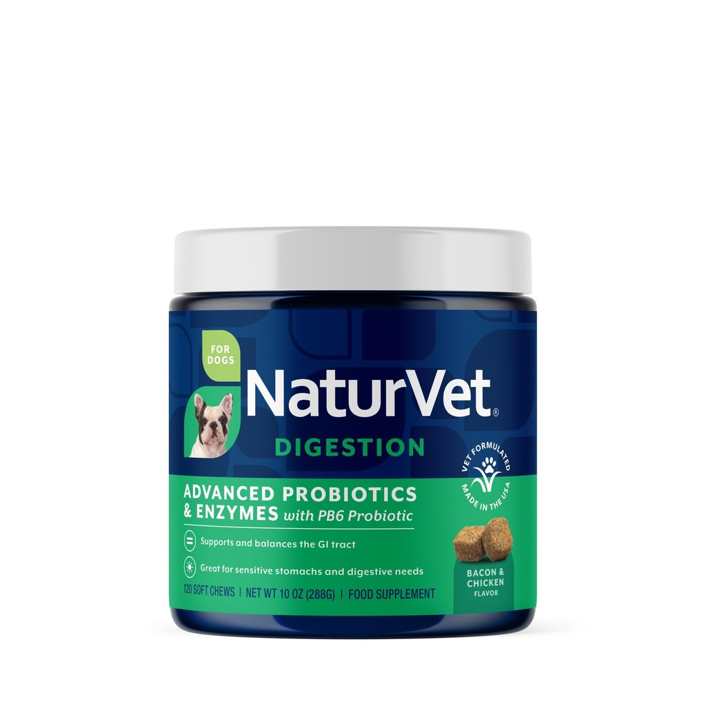 NaturVet Zaawansowane Probiotyki i Enzymy, PB6 Dog Soft Chews aby pomóc czułe żołądki i problemy trawienne, Hickory wędzony Bacon Parzysty suplement dla psów przez 6 tygodni, 120 Hrabia Jar