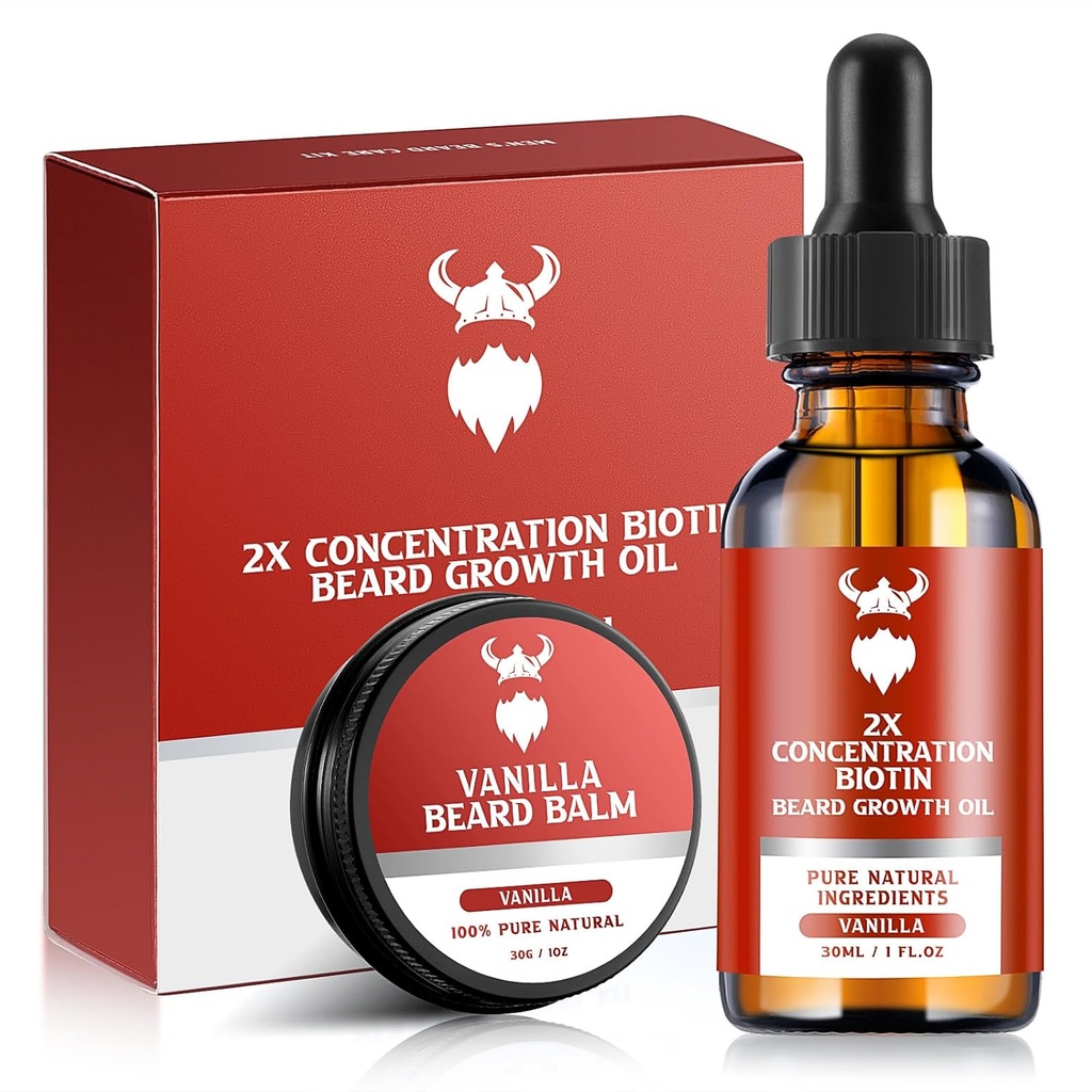 Beard Growth Kit - 2X Koncentracja Biotin dla mężczyzn, Naturalne składniki z oleju arganowego, Jojoba Oil i witaminy (Vanilla)