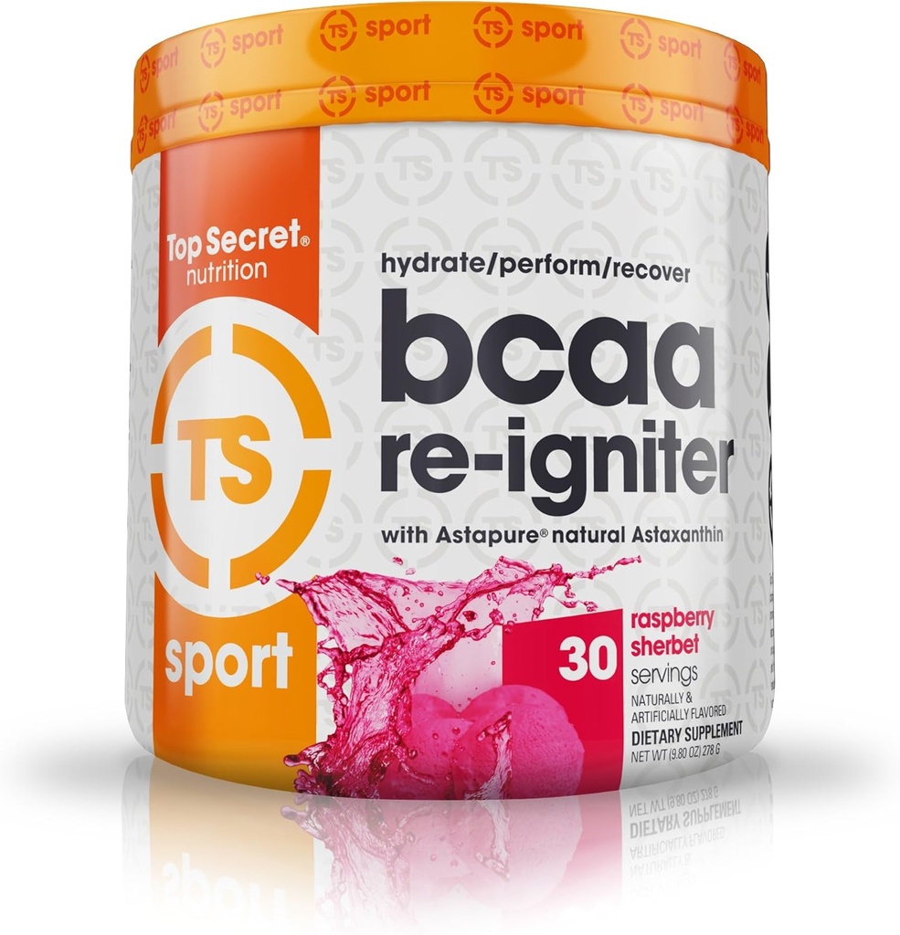 Top Secret Nutrition BCAA Re- Igniter Wegan Acid Supplement z Astaksantyną i Electrolyte, Mieszanka nawodnienia z wodą kokosową, 9.80 oz (30 porcji), Szerbet malinowy