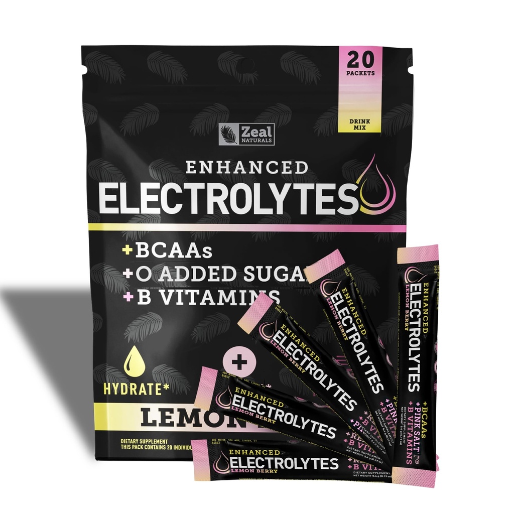 Ulepszone opakowania z proszkiem elektrolitycznym (Lemon Berry Next 124; 20 opakowań) w / 0 Cukier + BCAAs + B- Vitaminy Suplement Elektrolitu w Cynk potasu i Magnez do nawadniania - Keto Electrolytes