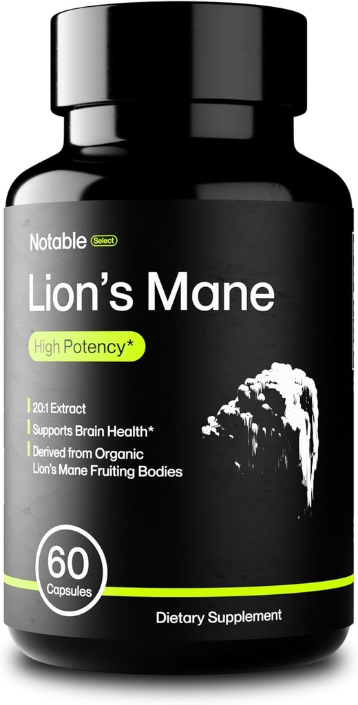 Notable Select Lion 's Mane Mushroom Supplement Equipment 124; 20: 1 Extract Equipment 124; Premium Cognitive Support Equipment 124; Organic Equipment 124; Lab- Tested Equipment 124; Pure Ingredients (1 Butelka / 1- Month Supply)