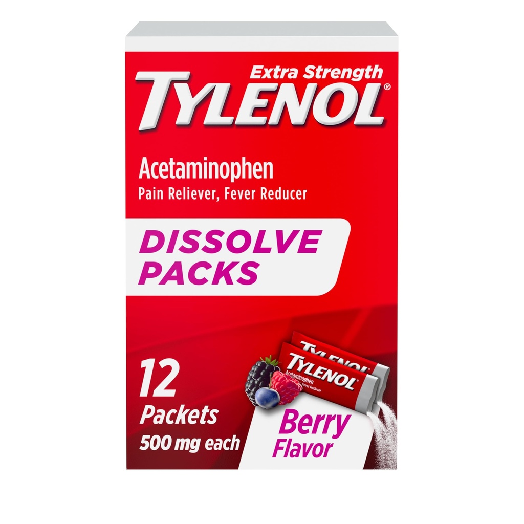Tylenol Extra Siła Rozpuścić opakowania, 500 mg Acetaminofen Ból Reliever & Fever Reduktor, On- The- - Puder Pakiety dla drobnych Aches & Pains, Ibuprofen- & Aspirin- Free, Berry Flavor, 12