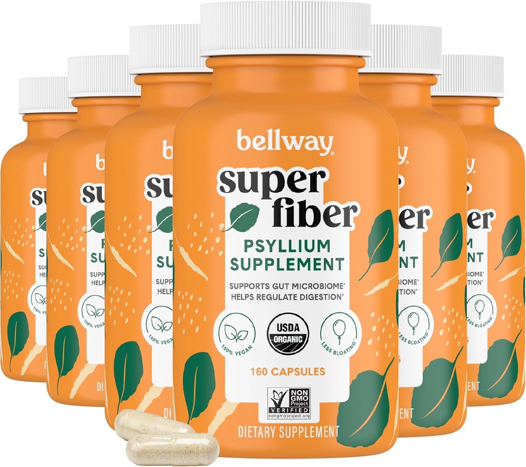 Bellway Super Fiber Kapsułki (6 Pack) - USDA Organic Psyllium Husk Kapsułki - Codzienne Psyllium Husk Fiber Suplement do Żywieniowego Zdrowia i Regularności, Rośliny oparte, Non-GMO, Kosher - 960 Kapsułki