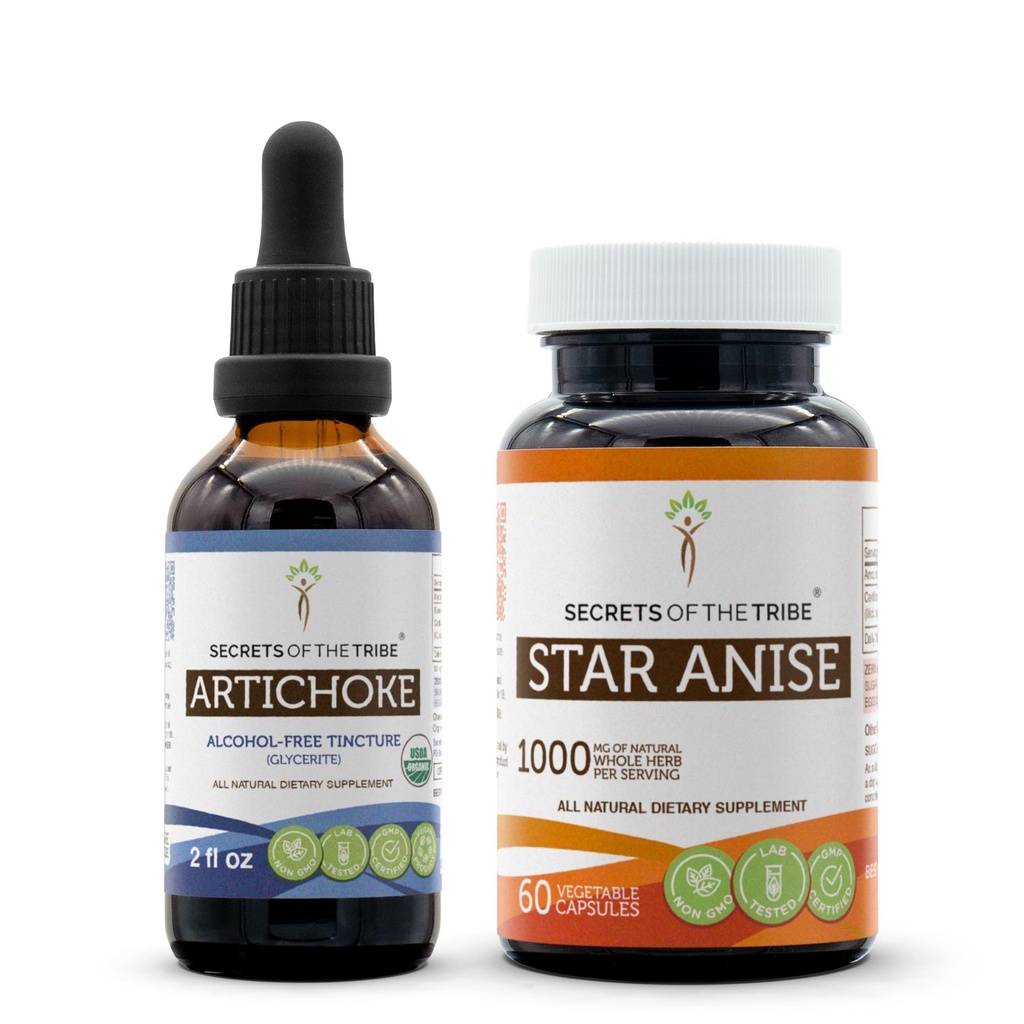 Karczoch USDA Kapsułki organiczne i anyżowe Star (2 szt.) 124; Karczoch organiczny wolny od alkoholu (Cynara scolymus) Suszony Liść 2 oz i 1000 mg Anyż Star (Illicium verum) Suszony Nasienie (60 Kapsułek)