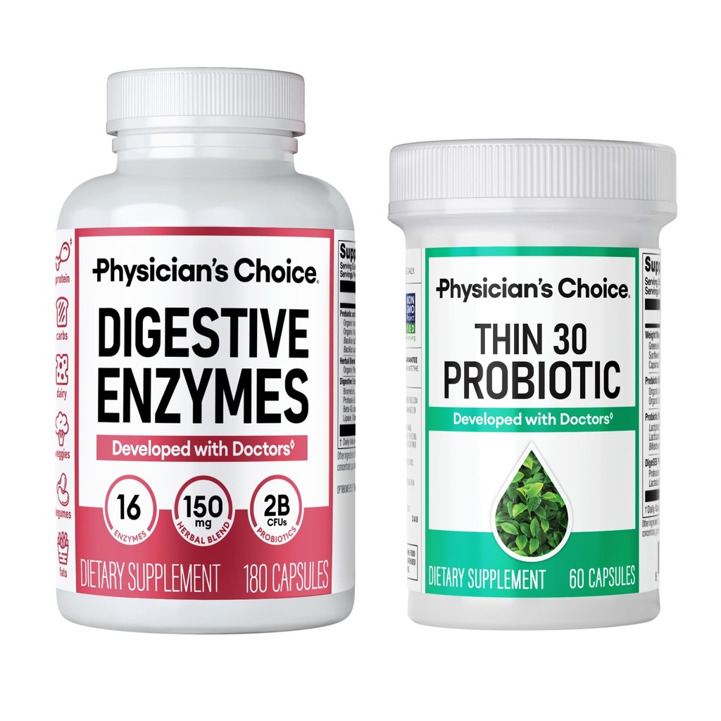 CHOICE lekarza - Beat Bloat + Wsparcie zarządzania wagą: Digestive Enzymes 180ct + Thin- 30 Probiotic 60ct - Value Pack