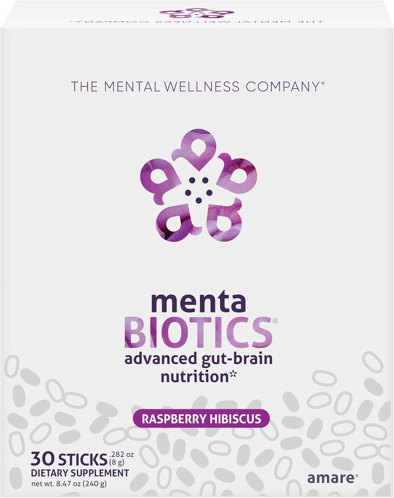 MentaBiotics ® Advance Gut Mózg Żywienie Prebiotyczne, Probiotyczne, i fitobiotyki, Malina Hibiscus, 30 Służenia