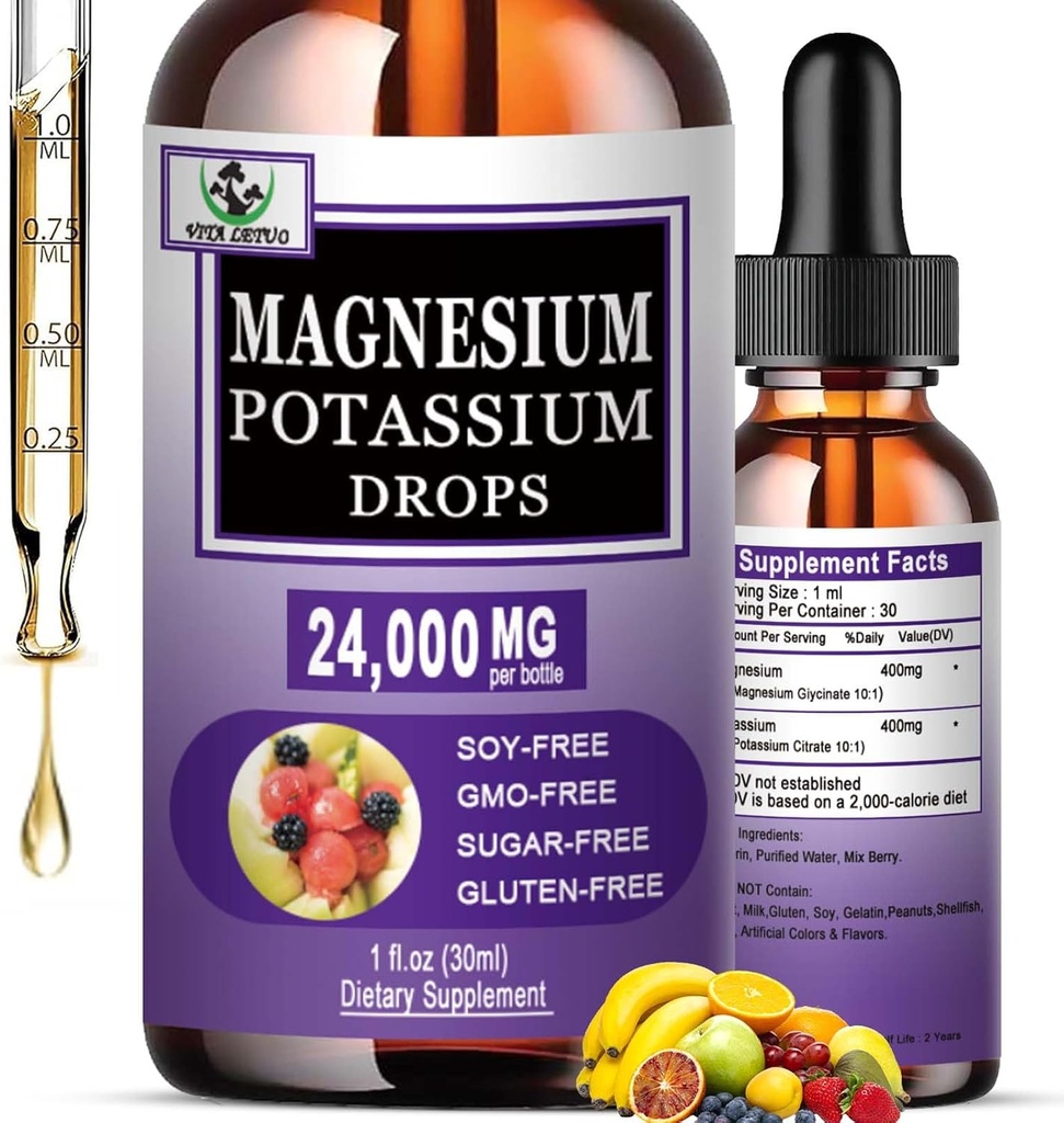 Glicynian magnezu z dodatkiem potasu, Glicynian magnezu płynny 500 mg Cytrynian potasu 500 mg, płynne krople magnezu do naczyń, kości, serca, zdrowia mięśni i nerwów, nieGMO, wegan