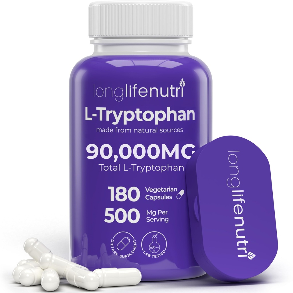 L- Tryptofan 500mg - 180 Kapsułki wegetariańskie, 6- Miesiąc dostaw, dla pomocy sennej i równowagi nastrojów, Lab Tested, Made in USA, Non-GMO