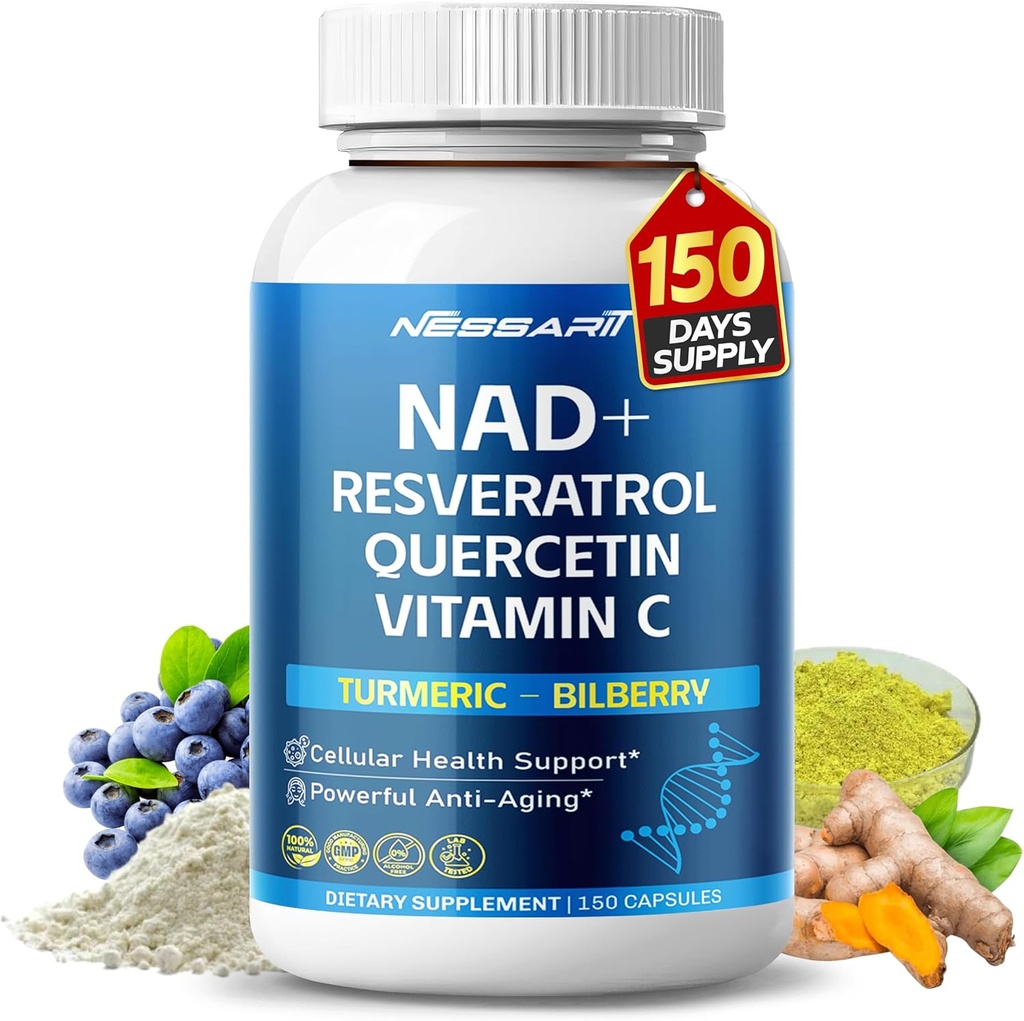NAD + RESVERATROL Suplement - 10- in-1 Naturalny Mieszanka z Quercetin Turmeric Berberine Biberry Zielona herbata - 150 Count - Made & Tested in USA