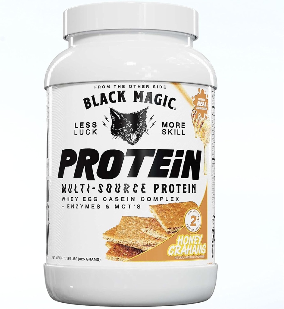 Black Magic Multi- Source Serwatka Protein Powder - Serwatka, Jajko, Casein Complex with Enzymes & MCT 's Keto, Low Sugar Pre / Post Workout Honey Graham Crackers Flavor 24 g 2 LB, Opakowanie po 1