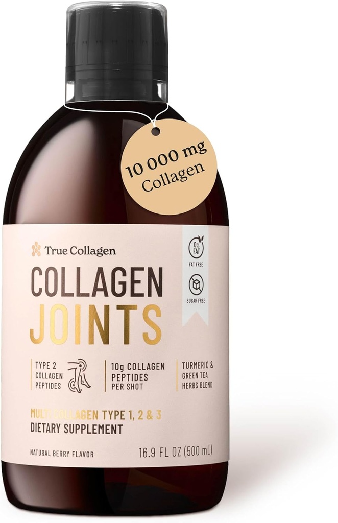 True Collagen Joints 124; 10 000 mg Zhydrolizowany Kolagen Liquid Supplement - 500 ml, 20 Day Supply Supply 124; Glukozamina, MSM i Chondroitin do wsparcia połączeń 124; Fat- Free, Sugar- Free, 100% Natural Berry Flavor