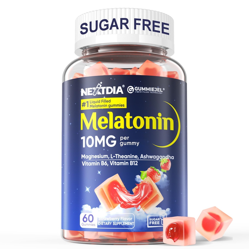 Bezcukrowe gumki melatoninowe 10mg 20 mg Magnezu Melatonina dla dorosłych, Ashwagandha, L- Theanine, B6, B12, Lemon Balm i Rumianek dla głębokiej relaksacji, Przeciwutleniacz, Wegan, 60 Dzień