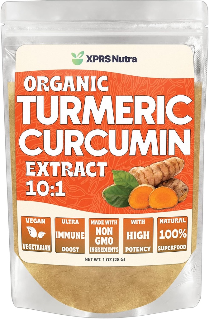 XPRS Nutra Organic Turmeric Curcumin Powder Extract 10: 1 - Premium USDA Organic Curcumin Powder for Immunity - Vegan Friendly Pure Curcumin for Gut Health (1 unce)