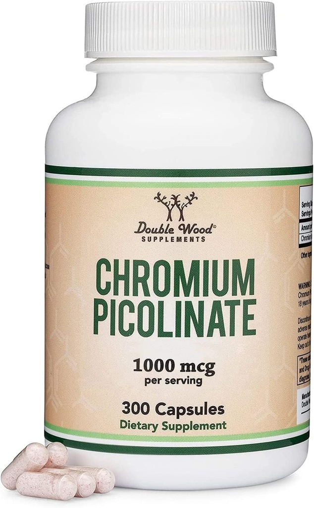 Pikolinat chromowy 1000mcg do zarządzania zdrową wagą (wysoka absorpcja i dostępność biologiczna) (300 Vegan Safe Capsules, Non-GMO, Gluten Free) przez podwójne uzupełnienie drewna