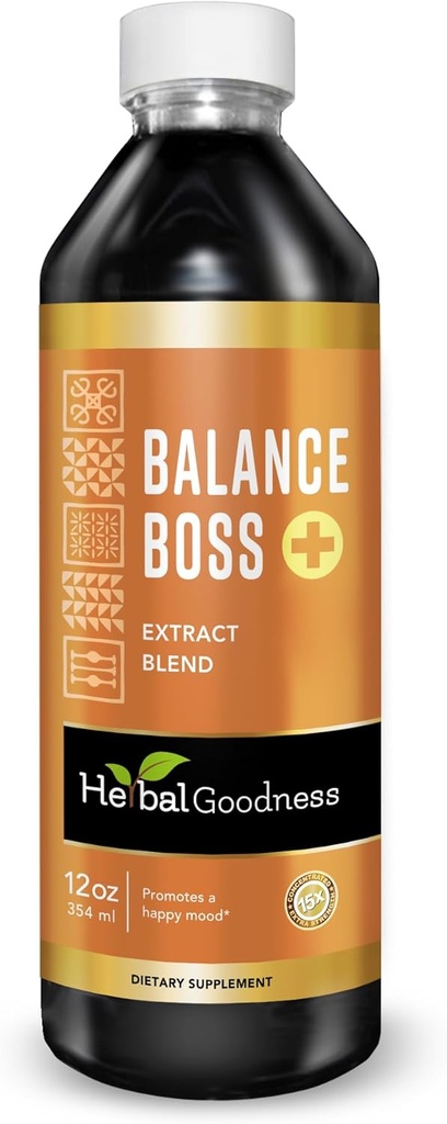 Herbal Goodness Happy Mood Supplement Supplement - St Johns Worth Promotes Relaxation and Calmness, Rhodiola Rosea Balance Boss 12 Fl. oz