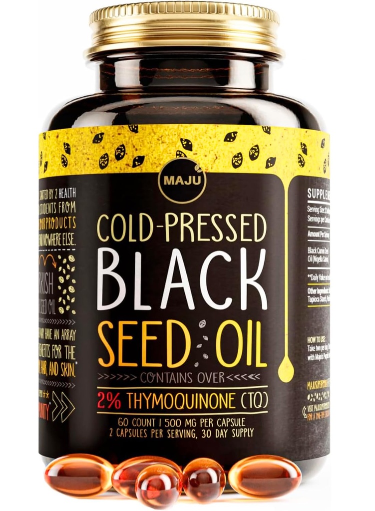 Maju Superfoods Black Seed Oil Kapsułki - Cold Pressed, 2% Thymoquinone, 100% Turecki Czarny Kmin Nigella Sativa Nasienie Olej, Płynny Czysty Czarniak 60 Hrabia, 500mg na kapsułki