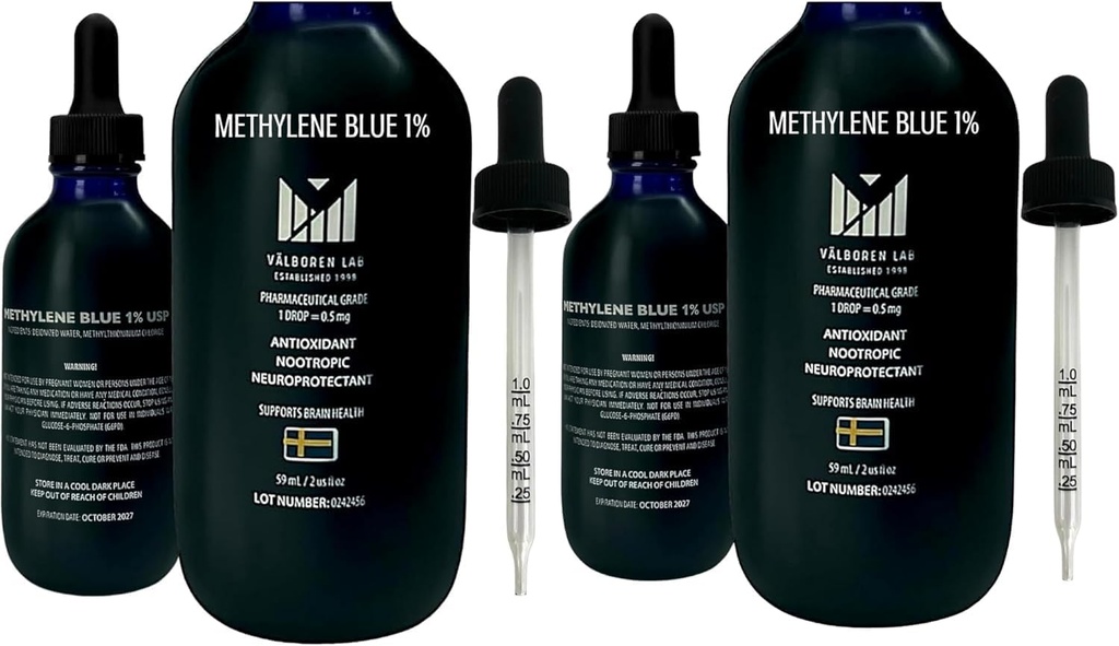 Metyleno Blue Pharmaceutical Bundle - 2 oz & 4 oz Bottles - USP Grade - Made in USA - Third- Party Tested, Formaldehyd & Alkohol - Suplement do Zdrowia Mózgu - Metylen 1% Krople dla ludzi