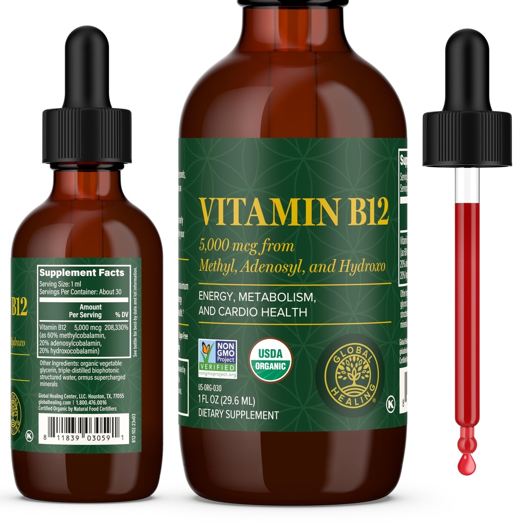 Global Healing Center - Witamina B12 Podjęzykowy 5000 MCG Organic Liquid Supplement, Metylcobalamina, Adenosylcobalamina, Hydroxo Long- Lasting Energy and Healthy Metabolizm - Vegan B12 Vitamin (1 Oz)