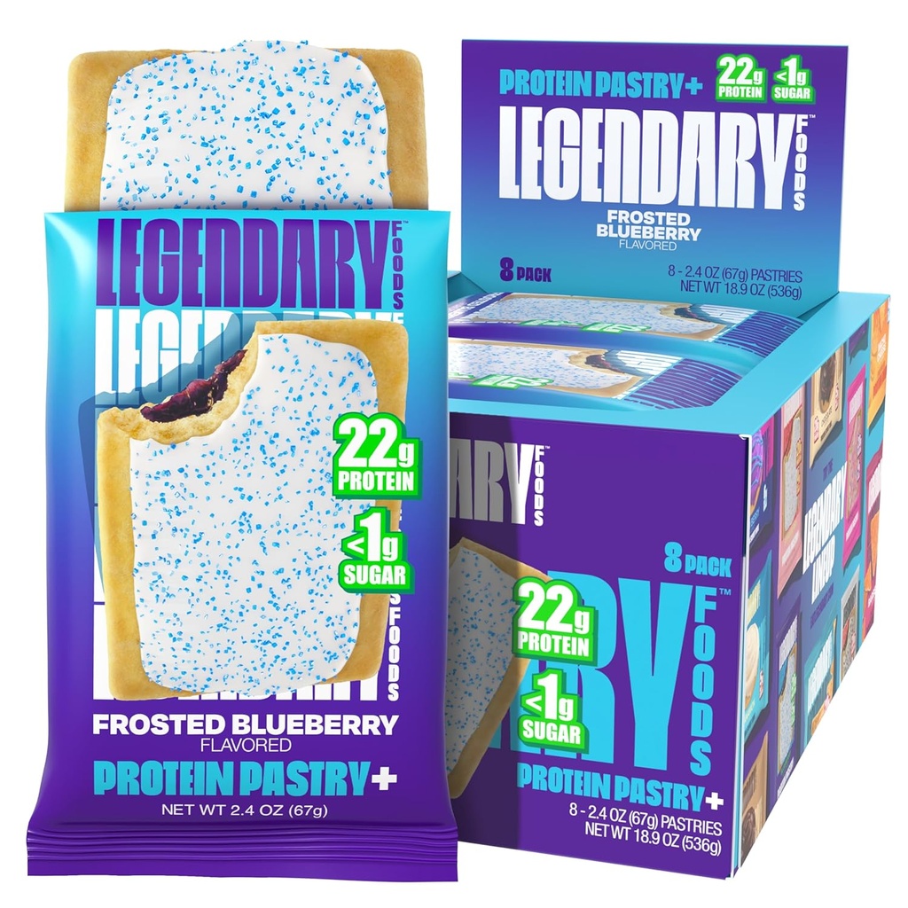 Legendarny żywności 22g Białko Pastry + Mrożone Blueberry, Low Carb Meal Replacement Bar - Niska Glicemia, Gluten Free Protien Przekąski - Zdrowe Keto Przekąski Box 8 Zero Bary energii cukrowej - Cukrzyca
