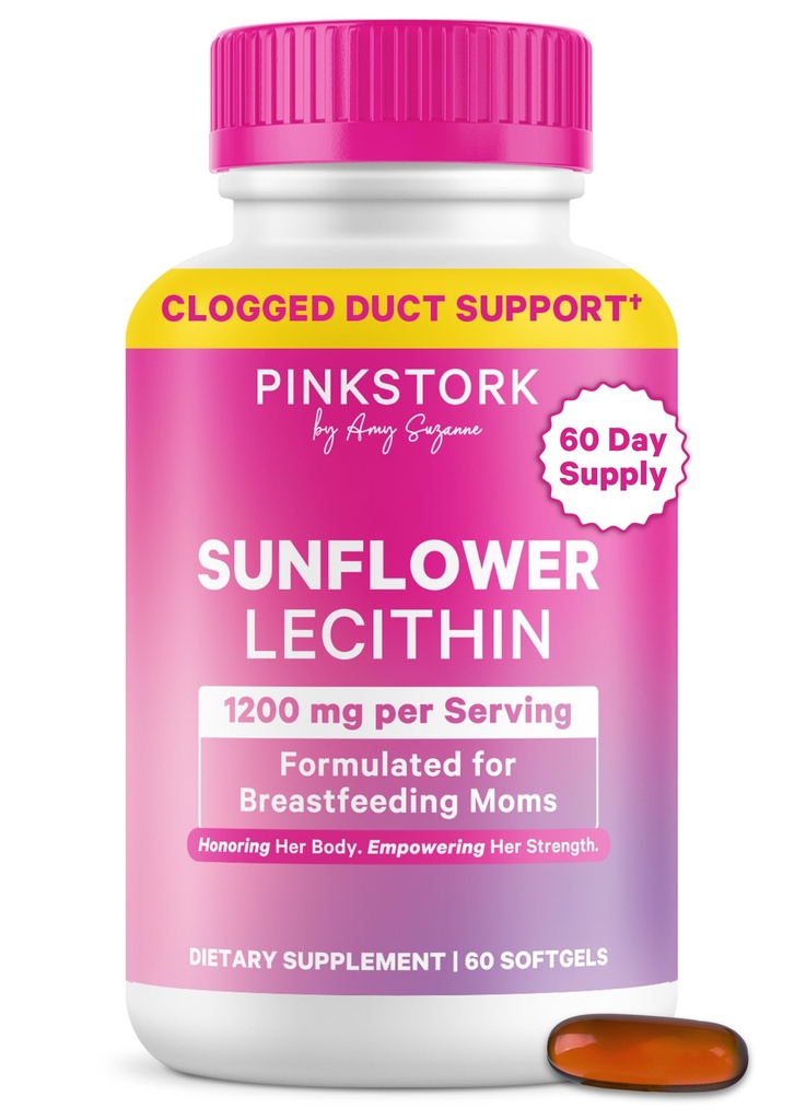 Pink Stork Lecithine Supplement - 1200 mg dla Zatkanych Kaszy Mlecznych - Karmienie piersią Essentials for Postpartum Moms - Wspiera Przepływ Mleka - 60 Softgels