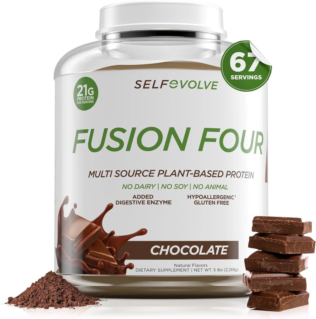 Fuzja Four Vegan Protein Powder - 21g Proszek białko oparte na plantacji - Gluten wolny, mleczny i sojowy, Pea Protein z BCAA - Czekoladowy aromat - 5lbs