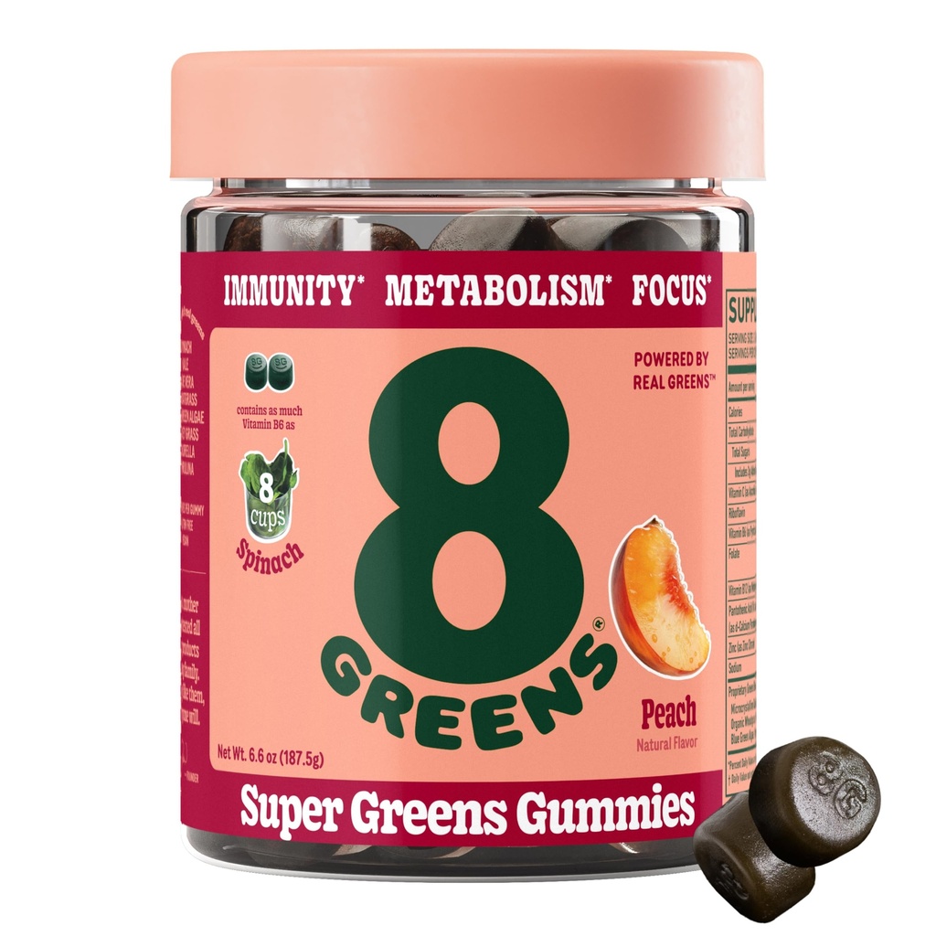 8Zieloni Supergreens Gummies is 124; Super Zieloni w proszku Superfood Gummy do metabolizmu, Immunitet & Focus, Żywność Enzymy zdrowia, Organic: Chlorella, Spirulina, Aloe Vera, Peach Flavor, 50 Hrabia