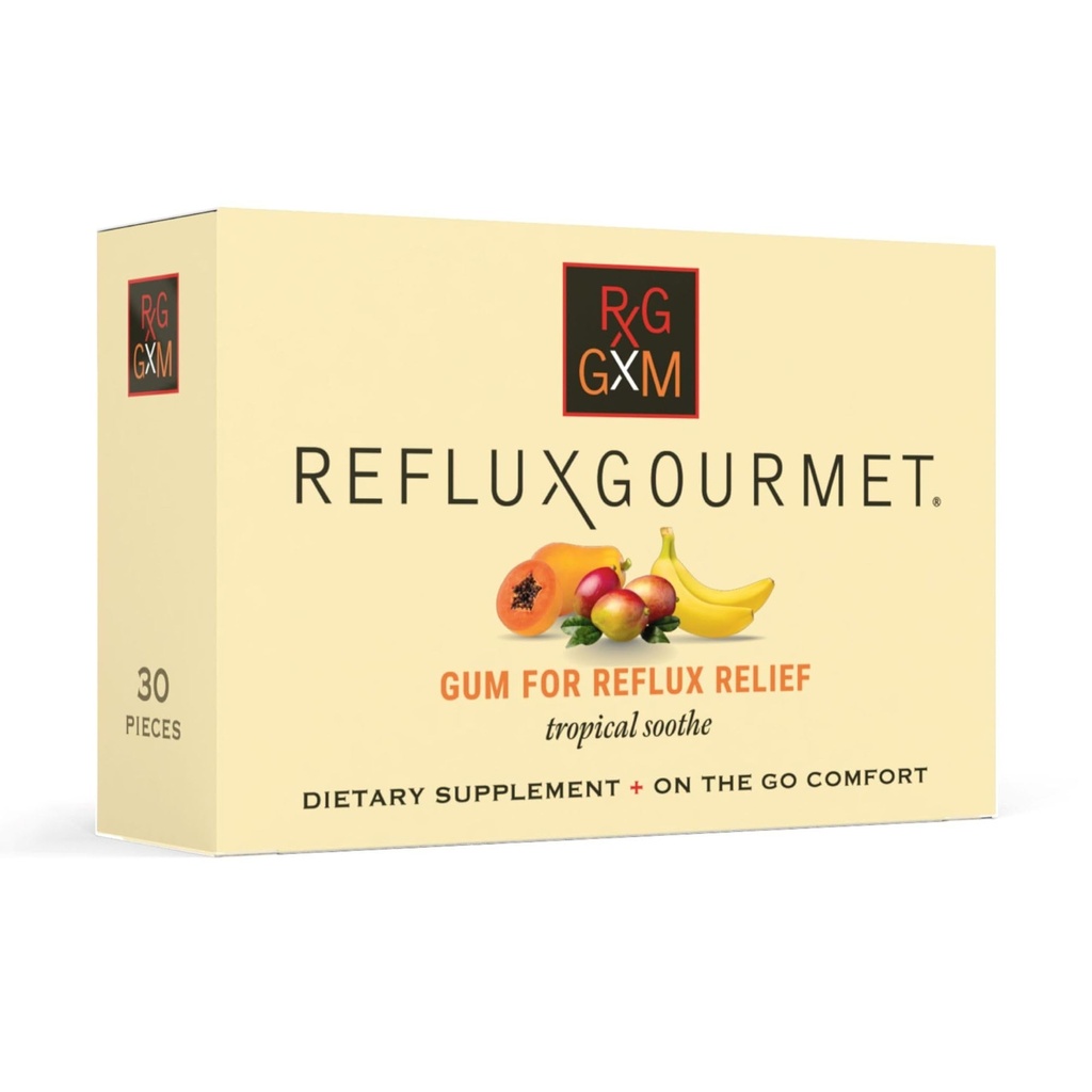Refluks Gourmet Tropical Soothe Gum Alginate Terapia Dwutlenek sodu Guma do refluktuacji kwasu, jamy ustnej, Kognitywny i Pomocniczy, Naturalny z Ginger, Celeriac, Aloe, Cukier wolny, Gluten wolny, Wegan