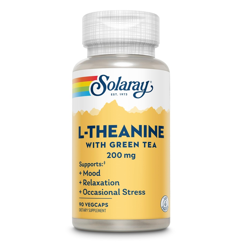 SOLARAY L- Theanine 200mg z zieloną herbatą - Zdrowy nastrój, relaks i sporadyczne wsparcie stresowe - Laboratorium zweryfikowane, Wegan, Gluten Free - 90 Sług, 90 VegCaps