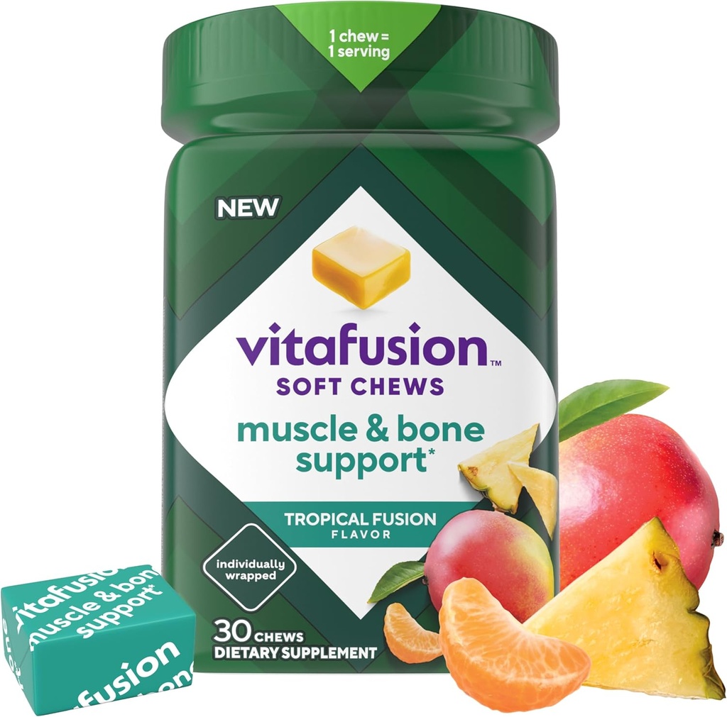 Witafuzja miękkie żucia Mięśnie i wsparcie kości (1), Witamina D do żucia dla kości i wsparcia mięśni, Indywidualnie zapakowane, Tropical Fusion Flavor, 30 żuć, 30 Day Supply